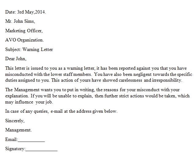 warning letter to employee for misconduct