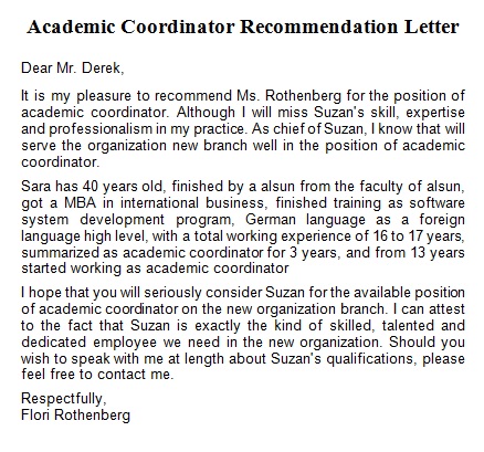 academic coordinator recommendation letter