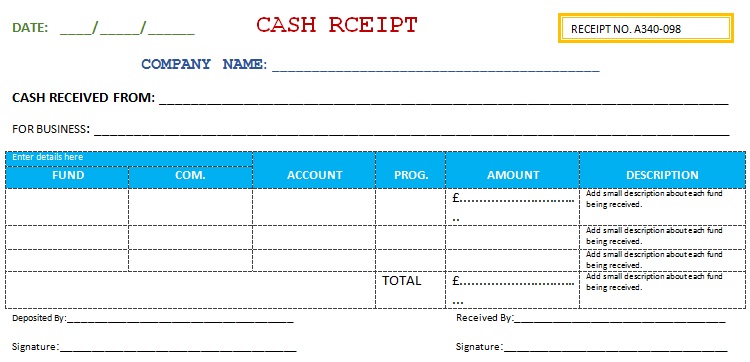 business cash receipt template