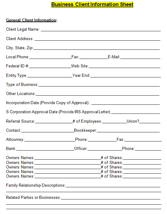 business client information sheet