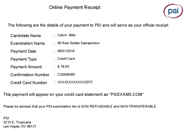 official online payment receipt