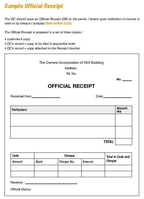 sample official receipt template