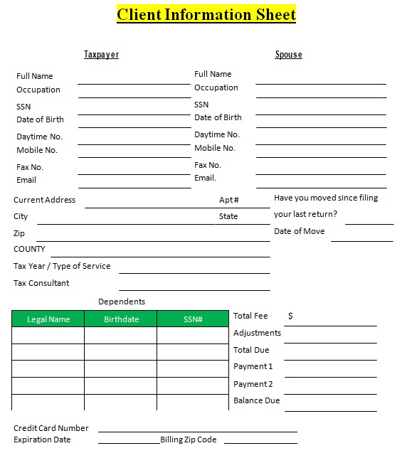 tax client information sheet template